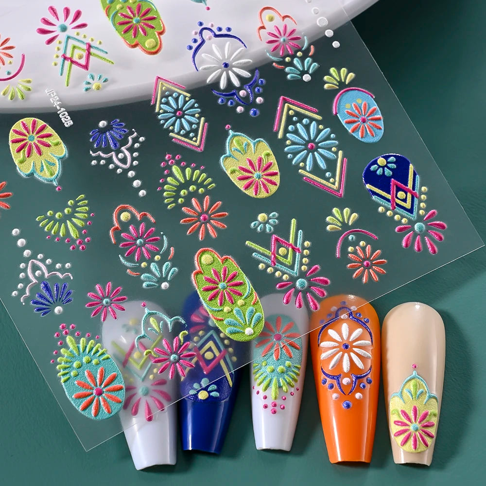 1 Stück Bohemian Painted Stickerei Nagelaufkleber 5D Retro Ethno Einzigartiges Muster Selbstklebender Blumenaufkleber Mexikanischer Nail Art Aufkleber