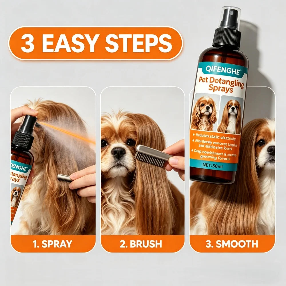 QIFENGHE 50ml Entwirrungsspray für Haustiere, Leave-In Conditioner für Hunde & Katzen, Reduziert Statische Aufladung & Beseitigt Knoten, Pflegespray ohne Ausspülen