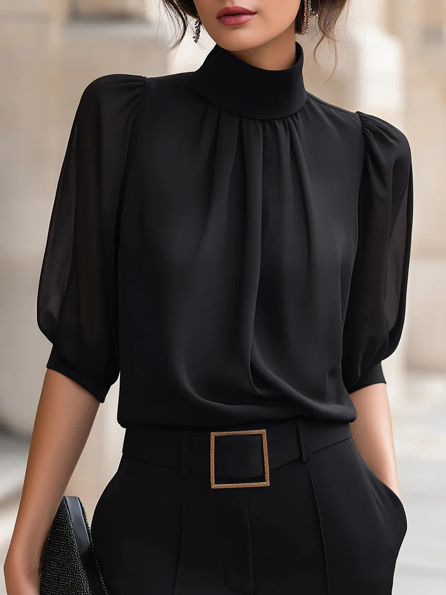 Hochgeschlossene Chiffon-Bluse mit geraffter Vorderseite und Puffärmeln, elegantes Büro- und Pendler-Outfit, locker sitzendes Damen-Oberteil