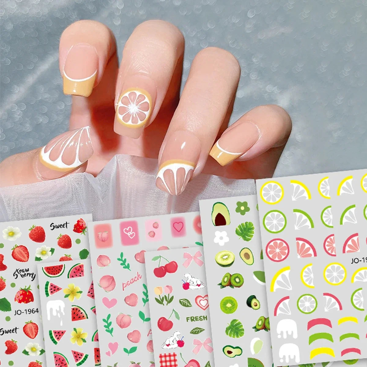 3 bis 12 Blatt 3D-Frucht-Nagelaufkleber Zitrusfrüchte Erdbeere Wassermelone Kirsche Avocado Abziehbilder Selbstklebende Sommer-French-Nagelkunst