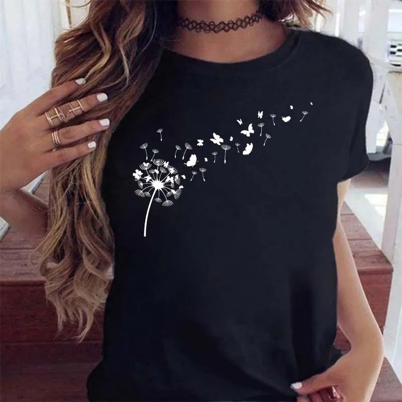 Neue Löwenzahn gedruckt Frauen T-Shirt Cartoon Grafik gedruckt schwarz Damen T-Shirt lässig Frau Shirt lustige T-Shirts
