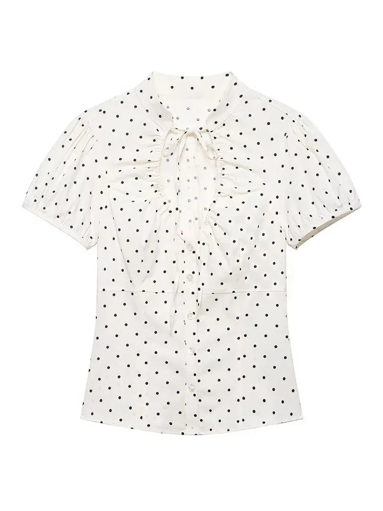 HH Damen Elegante Bluse mit Schleife und Schnürung Kurze Puffärmel Knopfleiste Sommer-Freizeithemd Gepunktetes Schickes Oberteil