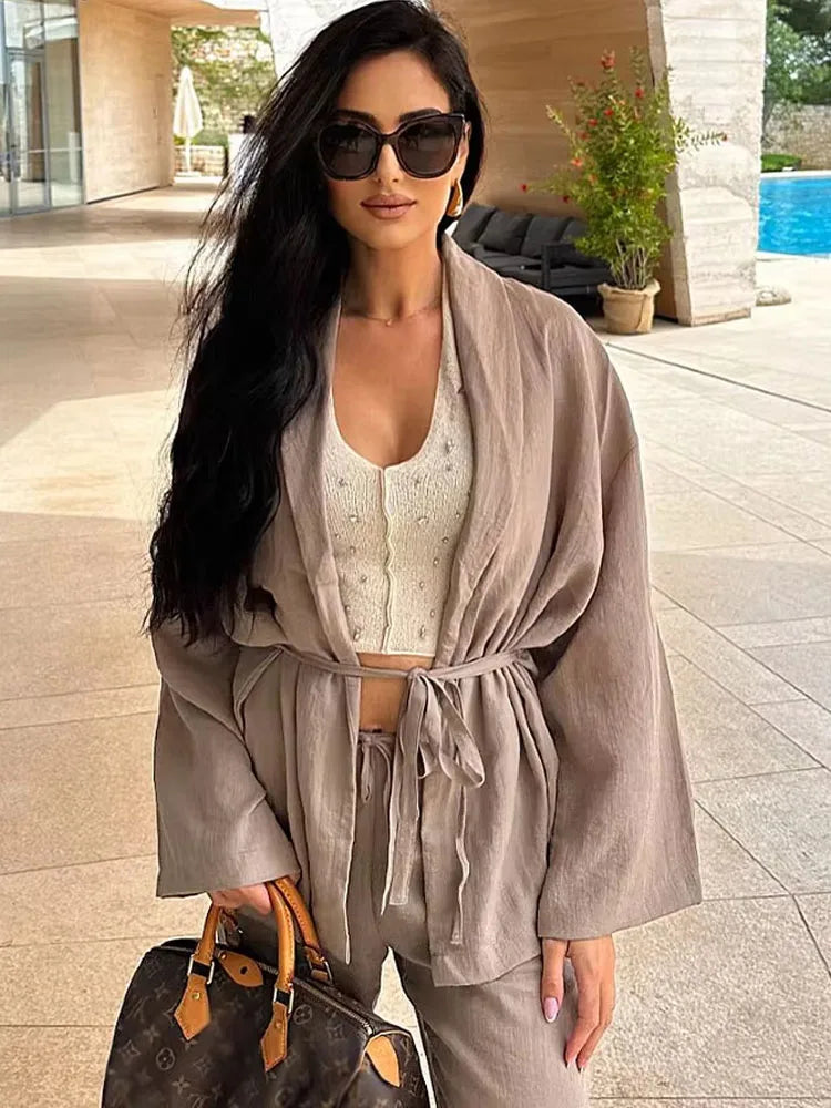 Frauen Khaki Hosen Set Langarm Kordelzug Strickjacke + Feste Elastische Taille Baggy Hosen Casual Lose Urlaub Stil Roupas