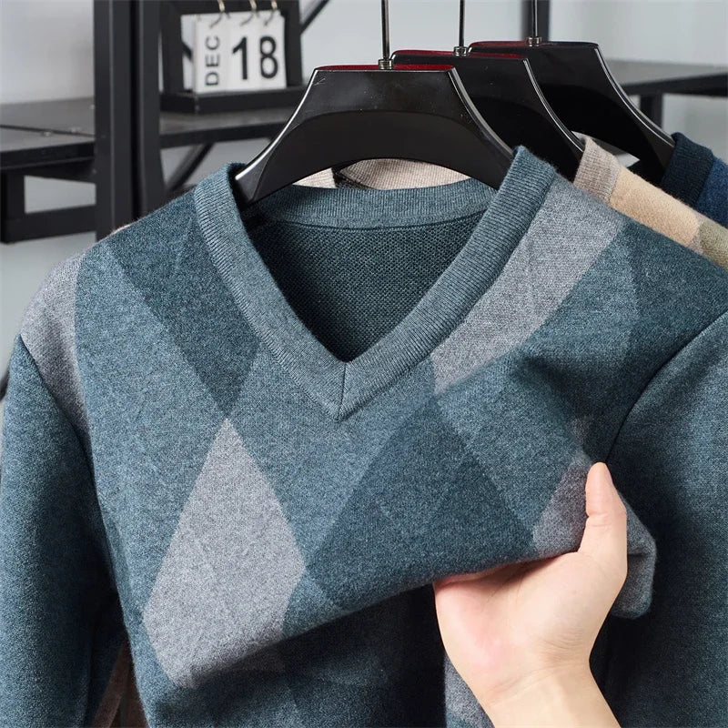Winter Warm Neue männer Plaid V-ausschnitt Langarm Pullover Gestrickte Pullover Mode Lässig Vielseitig Top