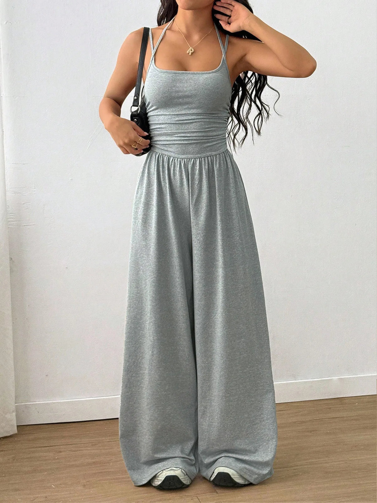 Damen Sommer Schwarz Lässiger Plissierter Lockerer Gerader Jumpsuit Ärmellos Hohe Taille Rückenfreier Overall Einfacher Trägeroverall