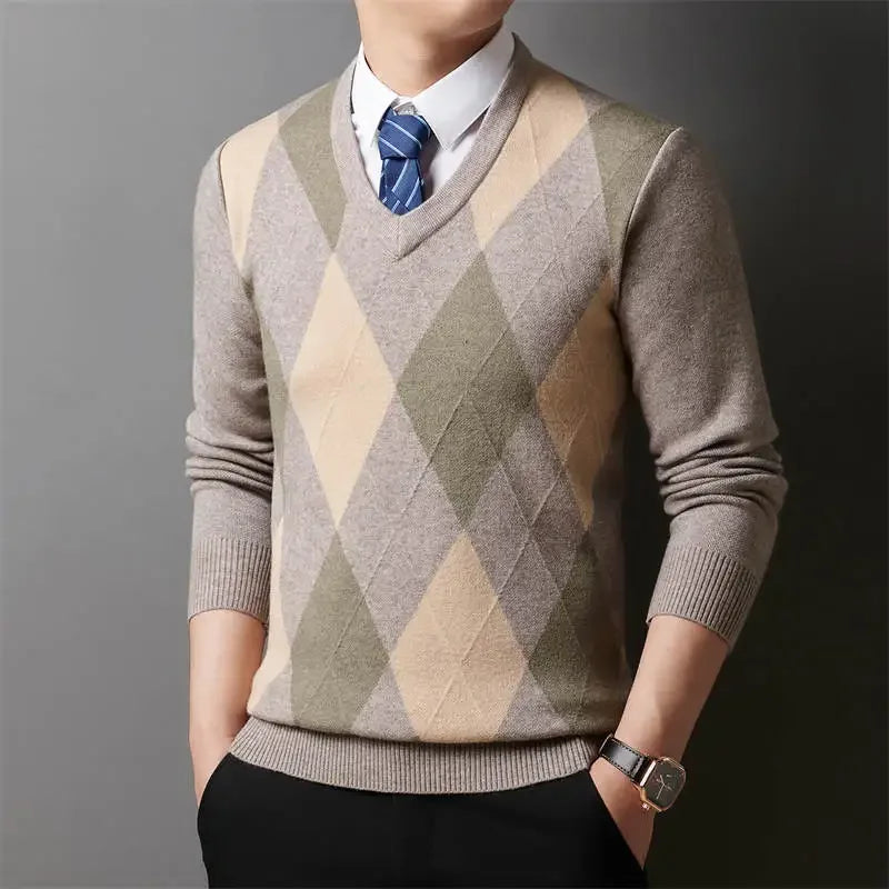 Winter Warm Neue männer Plaid V-ausschnitt Langarm Pullover Gestrickte Pullover Mode Lässig Vielseitig Top