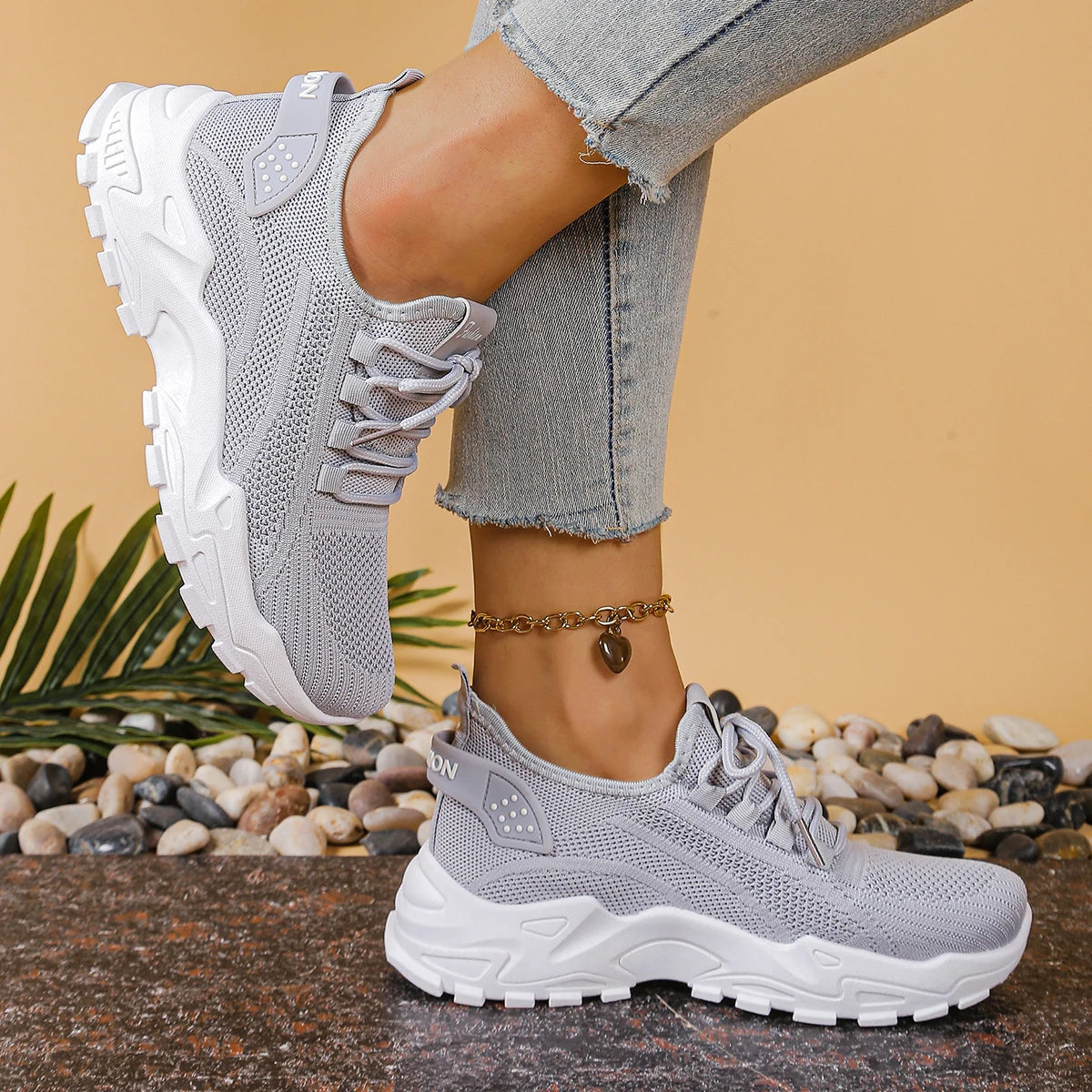 Freizeitschuhe für Damen, trendig und vielseitig, Mesh, atmungsaktiv, weiche Sohle, Schnür-Freizeitsportschuhe
