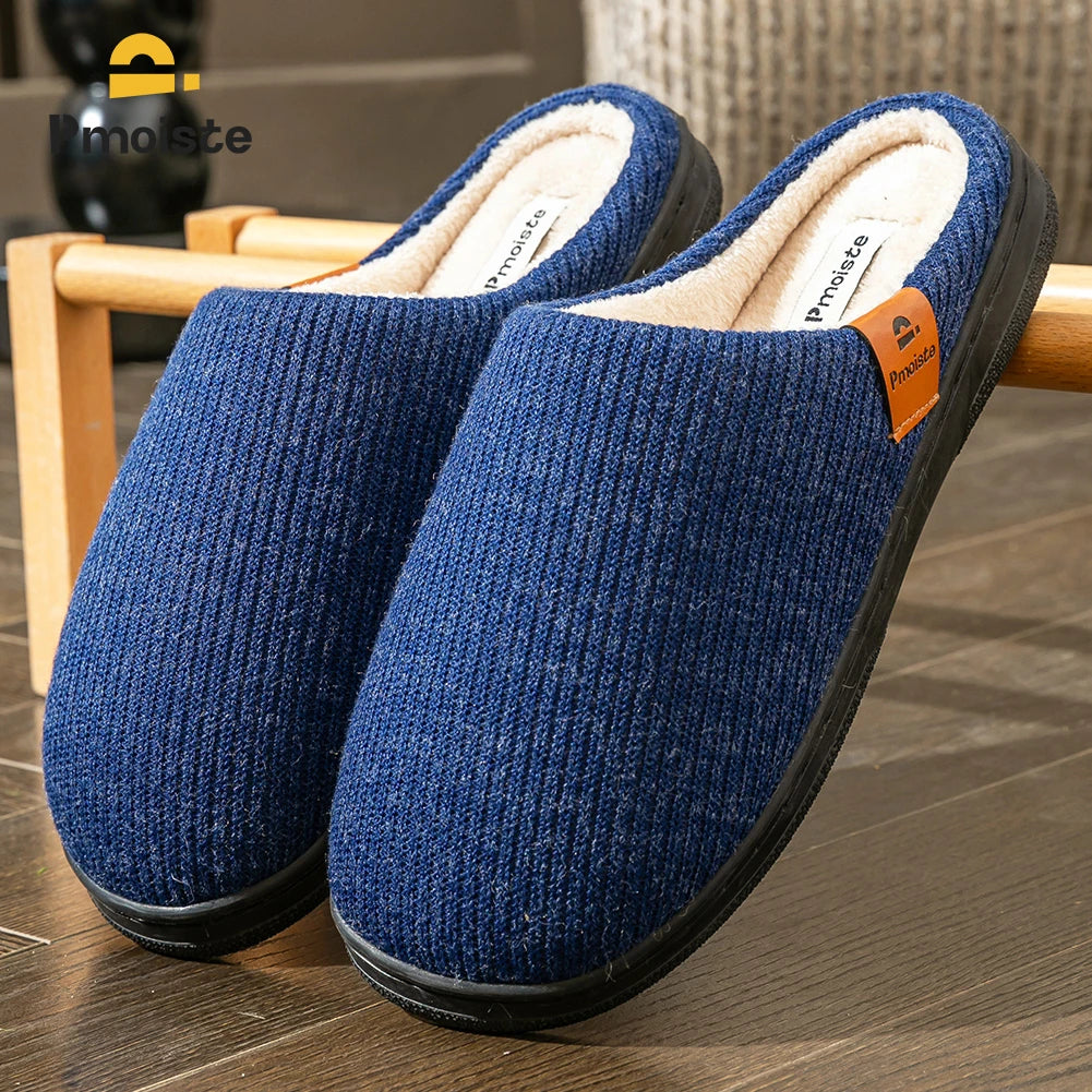 Memory Foam Cushion Hausschuhe Herren Wildleder TPR Sohle Plattform Warm Weich Rutschfest Streifen Bequeme Innenschuhe Gestrickt