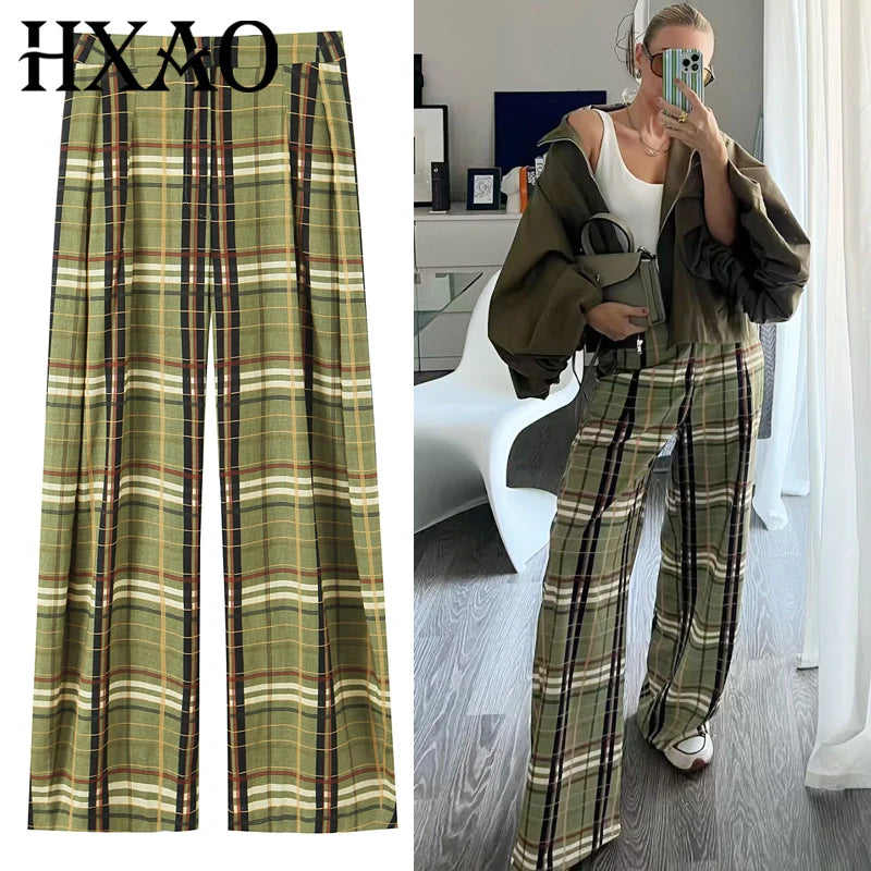 HXAO Karierte Baggy-Hose für Damen, Herbst 2022, Damenmode, Übergröße, hohe Taille, elegante Hose mit weitem Bein, Streetwear-Hose