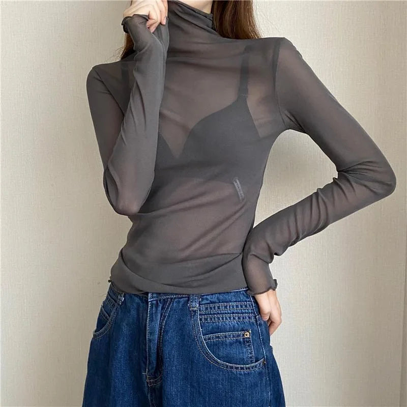 Sexy Frauen T Shirt Durchsichtig Transparent Mesh Tops Langarm Sheer Schlank Damen Solide Rollkragen Seide T-Shirt Spitze Crop Top
