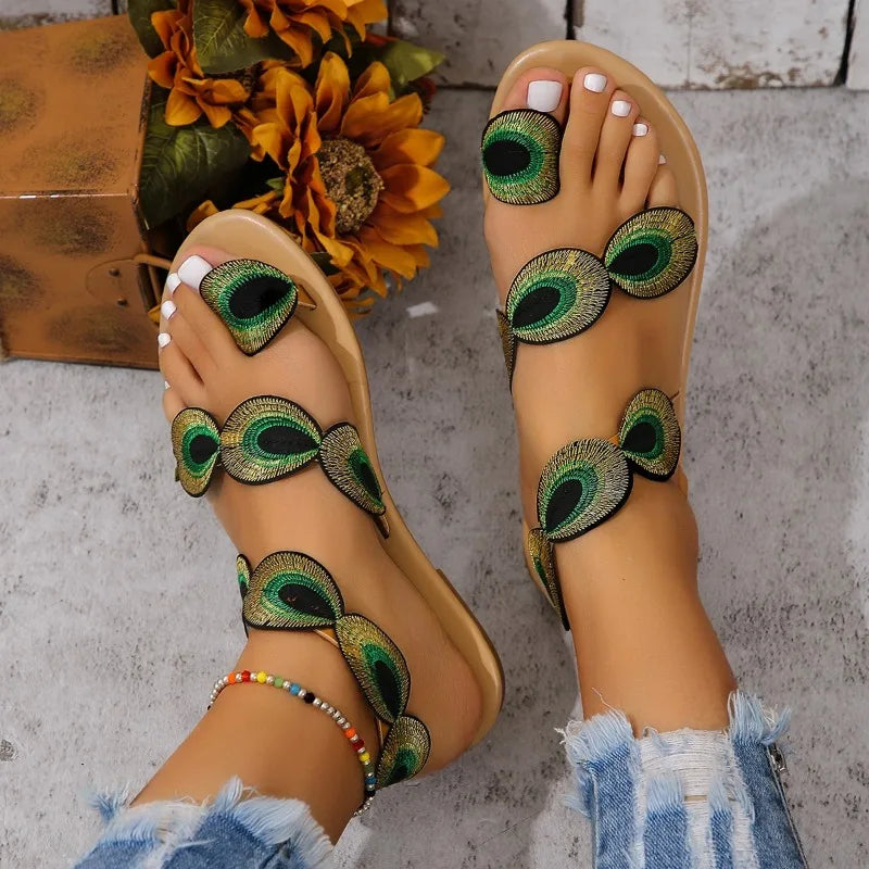 Feenhaar-Sandalen mit flachem Goldfaden und Pfauenaugenhaar, Damenschuhe, neuer Sommer mit Rock, Urlaubspullover, Strandschuhe