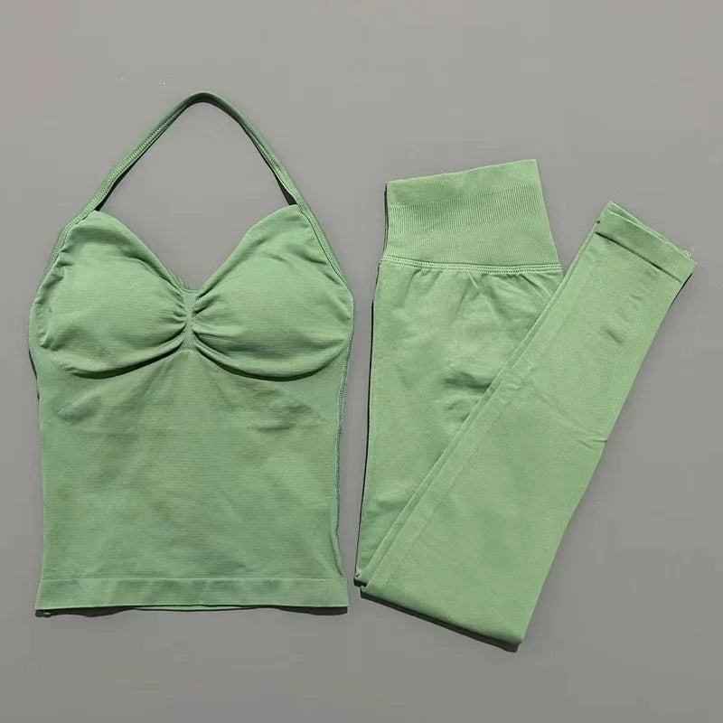 HISTELLO Gym-Leggings-Set, 2-teilig, für Damen, Yoga, lang, mit Trägern, nahtlos, Fitness-Kleidung, Laufen, Workout, Sport-Tops, Outfit