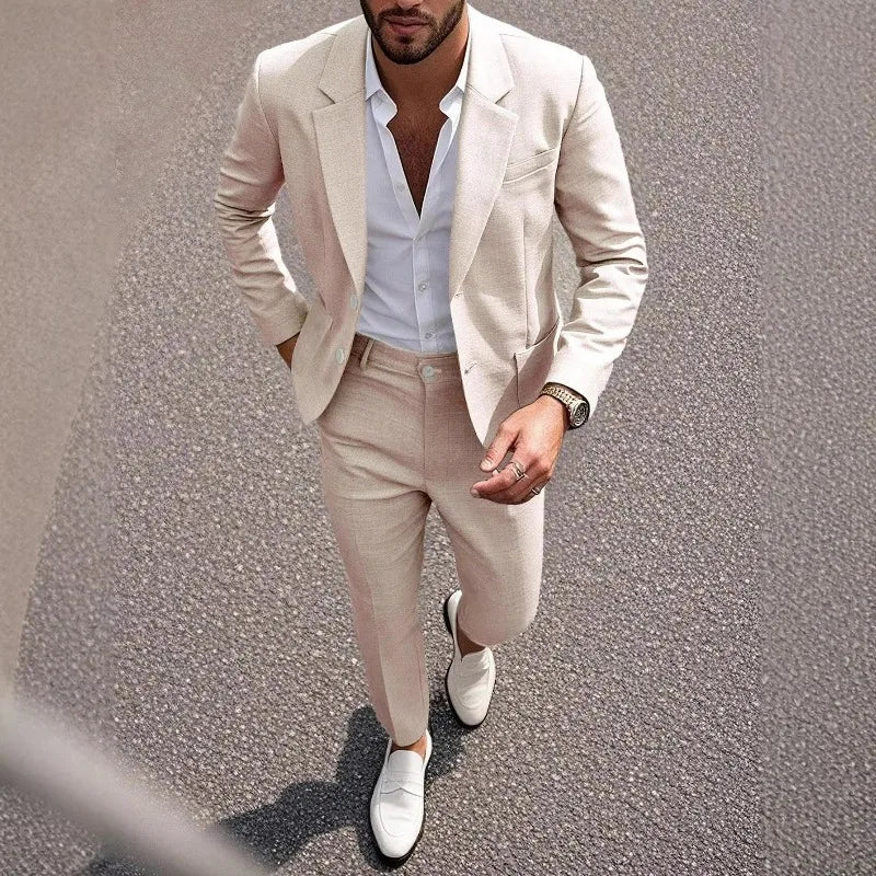 KIDWHXR Herren 2-teiliges Hochzeits-Set Koreanischer Einfarbiger Einreihiger Blazer mit Taschen Gerade Geschnittene Hose Schlanker Casual Anzug Outfit