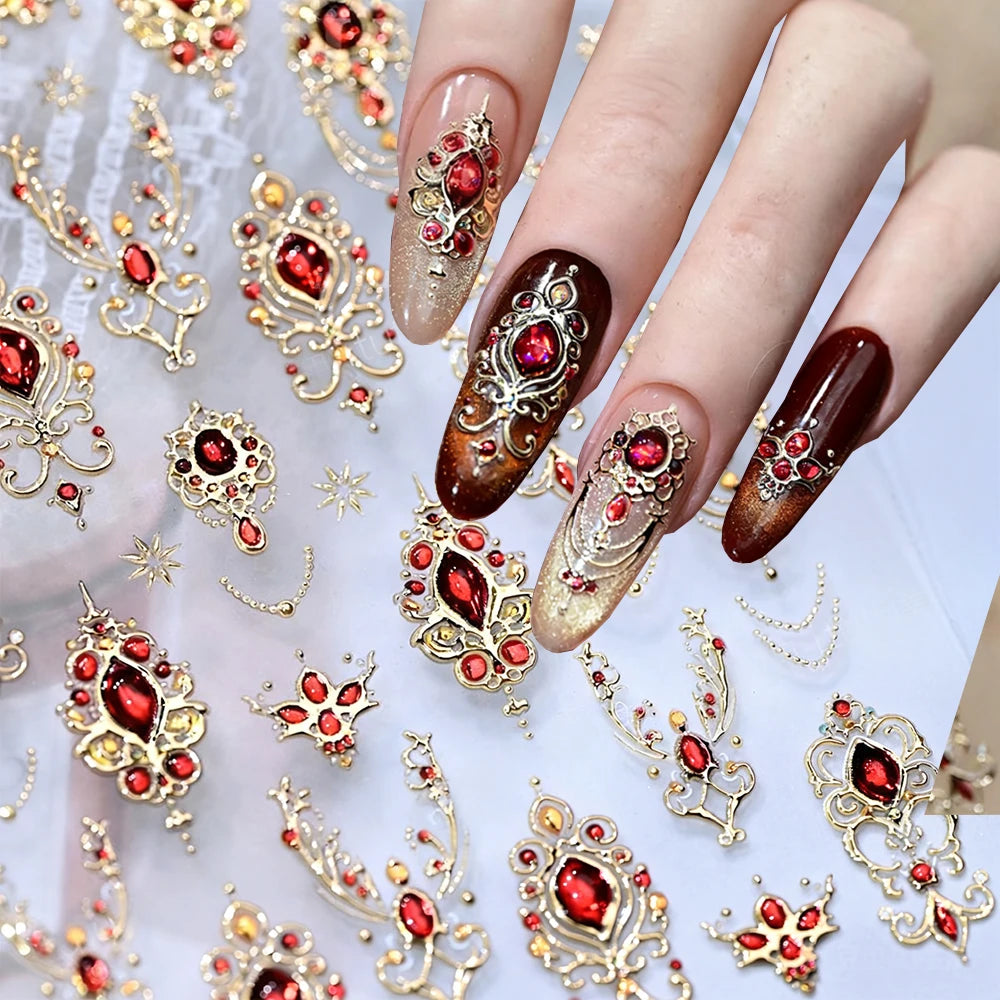 5D Grüner Edelstein Luxus Nail Art Aufkleber Bronzing Barock Halskette Rahmen Nagelschieber Selbstklebend Höflich Retro Nagelaufkleber Dekor