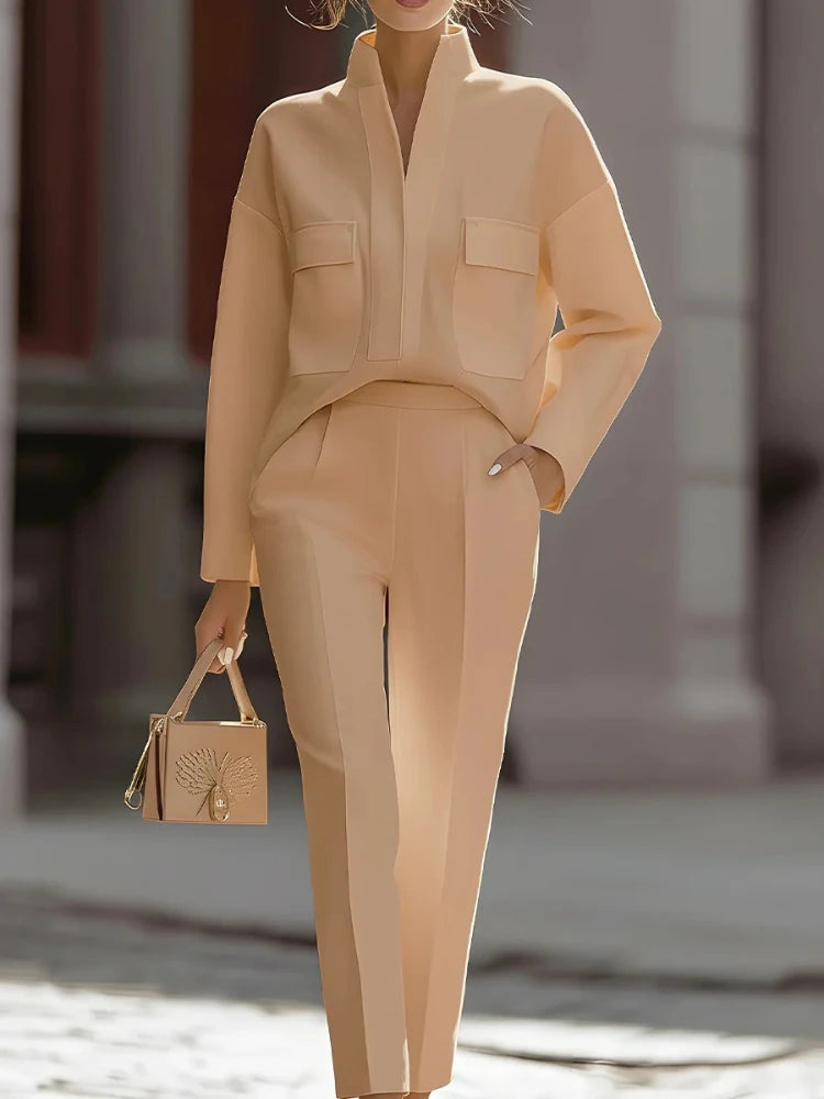 2026 Frühling Urban Commute Neuer Stil Modisch Elegant Vielseitig Langarm Revers Taschen Lässiger Anzug Blazer Damen Anzug-Set