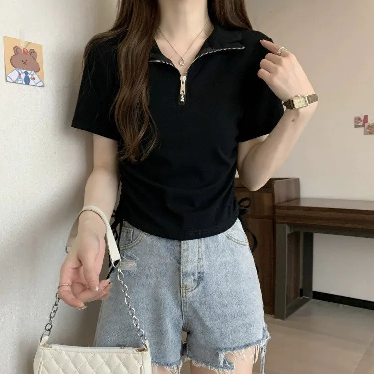 Damen Halbzip-Poloshirt Sommer Kurzarm Gerafftes Crop-Top mit Kordelzug Slim Fit Casual für Damen