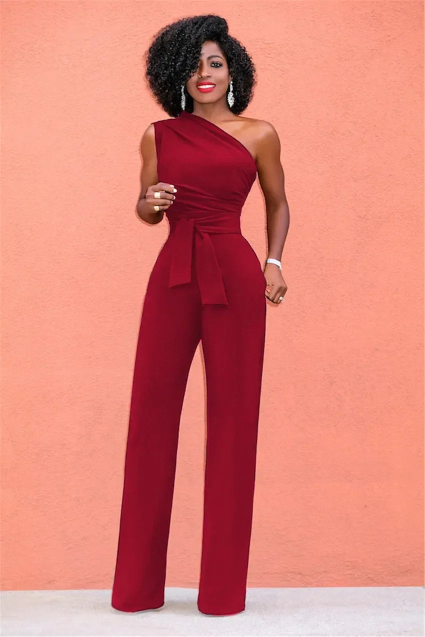 Damen-Overall, einfarbig, Skew-Kragen, bauchfreies Top, gerade Hosen, Gürtel, sexy, ärmellos, lockere Hosen, elegante, charmante Playsuits 2024