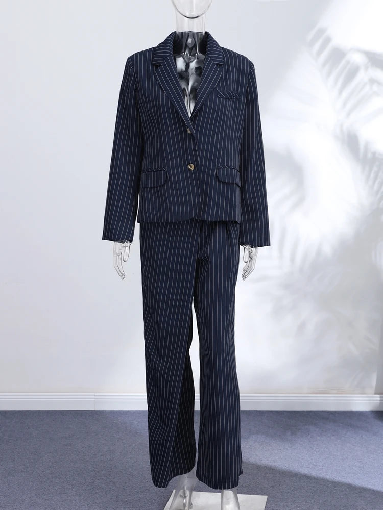 2026 Büro-Anzug mit Streifenmuster, Gürtel, Revers, Langarm-Einreiher-Mantel und Taschen, Weite Hose für Frühling und Herbst, Damen-Pendler-Outfit