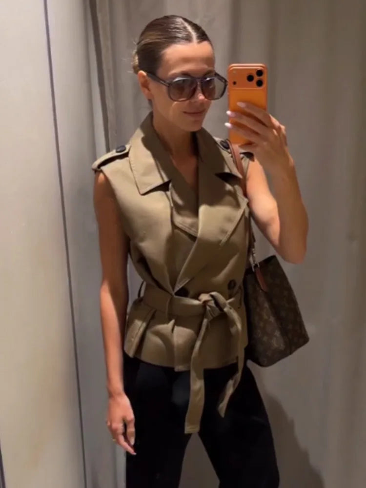 HH Damen 2026 Sommer Mode Vielseitige Khaki Weste mit Taillengürtel für Pendlerinnen Elegantes Doppelreihiges Ärmelloses Oberteil