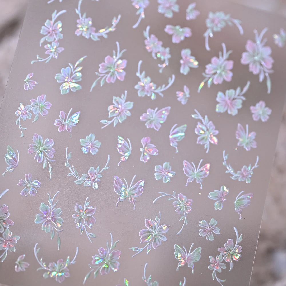 1 Stück 5D Aurora Schmetterling Blumen Nagelaufkleber Muschel-Licht Selbstklebende Nagelsticker für Sommer Frühling DIY Maniküre & Geschenke