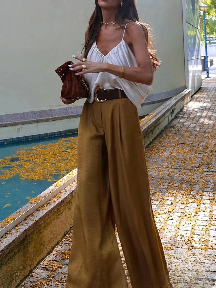 KONDALA Casual Chic Gelb Satin Frauen Anzüge V-ausschnitt Tasten Weste Hohe Taille Breite Bein Hosen Mode 2025, Sommer Urlaub Anzüge