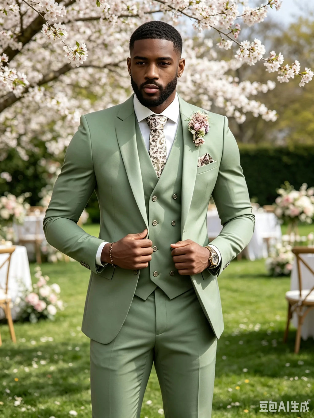 Hochwertige Grüne Business-Anzüge für Herren Slim Fit Elegante Hochzeitskleidung 3-Teilig Zweiknopf-Jacke Weste Hose Party-Sets