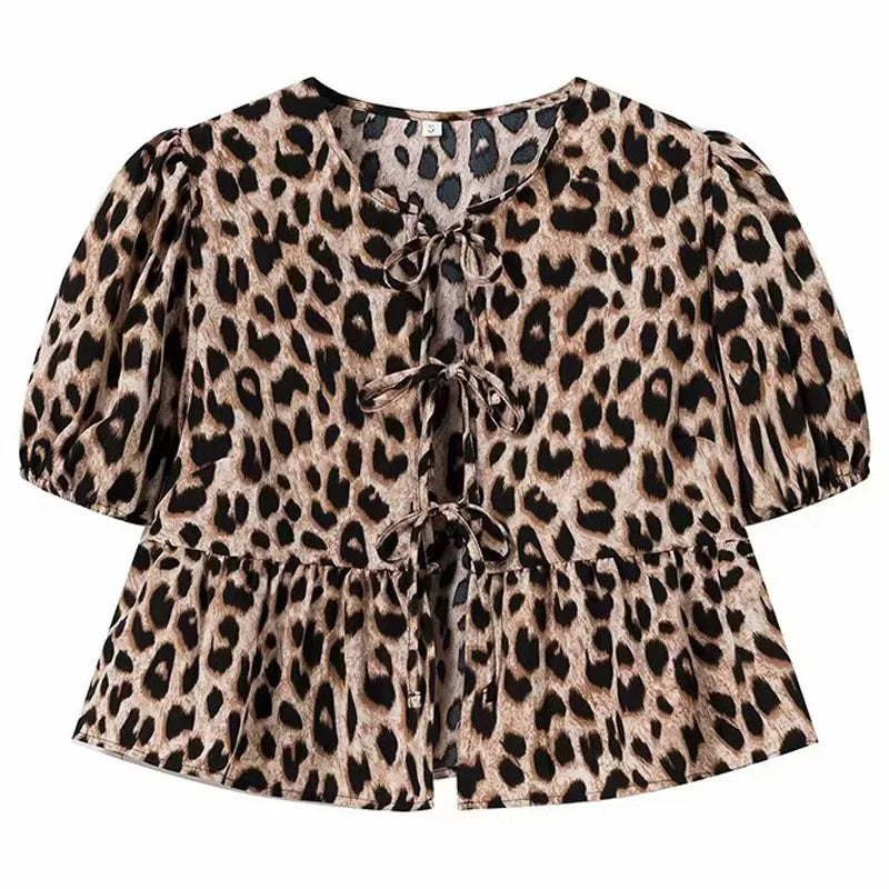HXAO Crop Bow Bluse Damen-Hemd, Herbst 2022, lockeres schwarz-weißes Leoparden-Hemd, modische Ausschnitte, Schnür-Puff-Kurzarmhemden