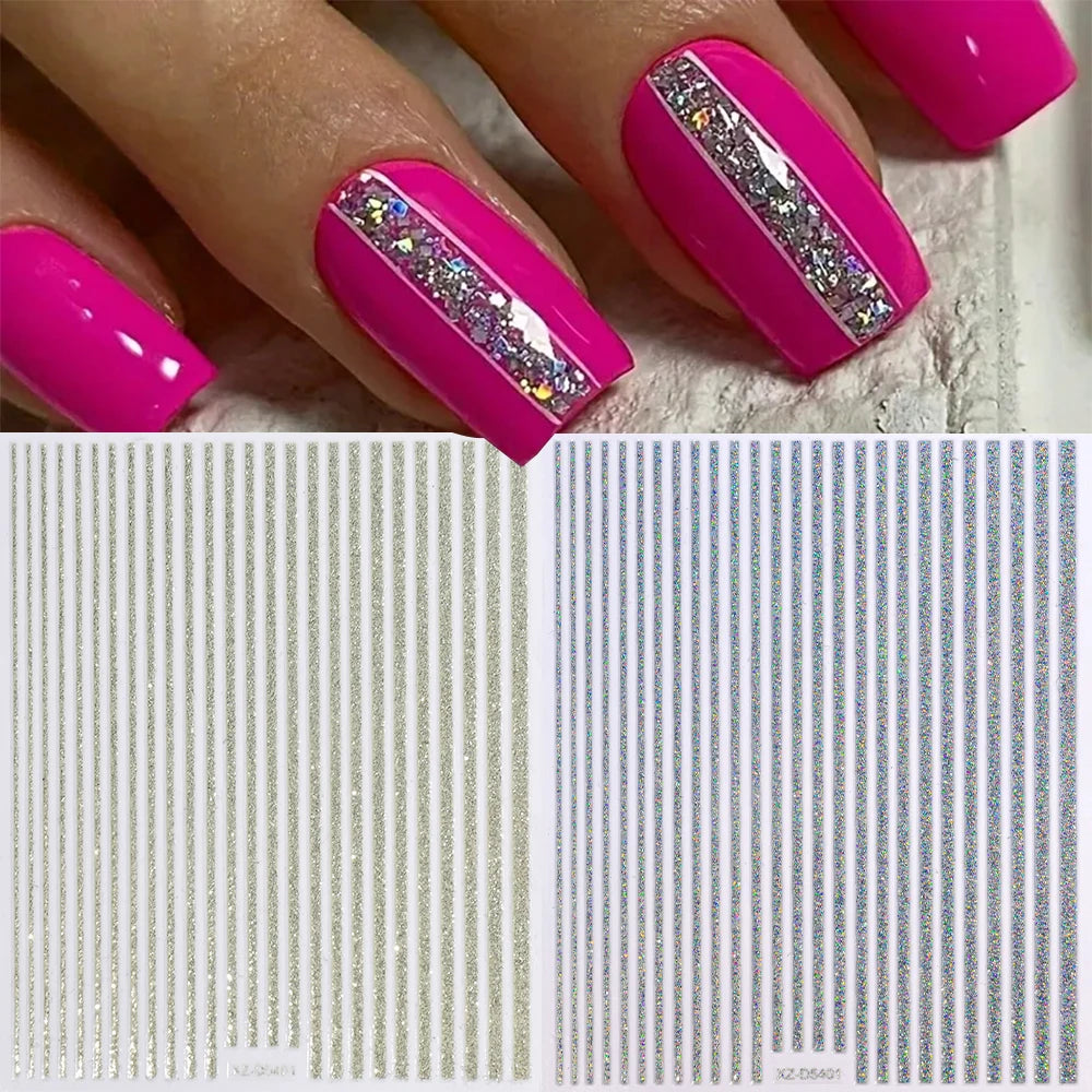 2 Stück 3D-Glitzerlinien-Nagelaufkleber, holografisch, golden, silbrig, schwarz, gerade Streifen, metallische Linien, Nägel, Schieber, Maniküre-Dekor