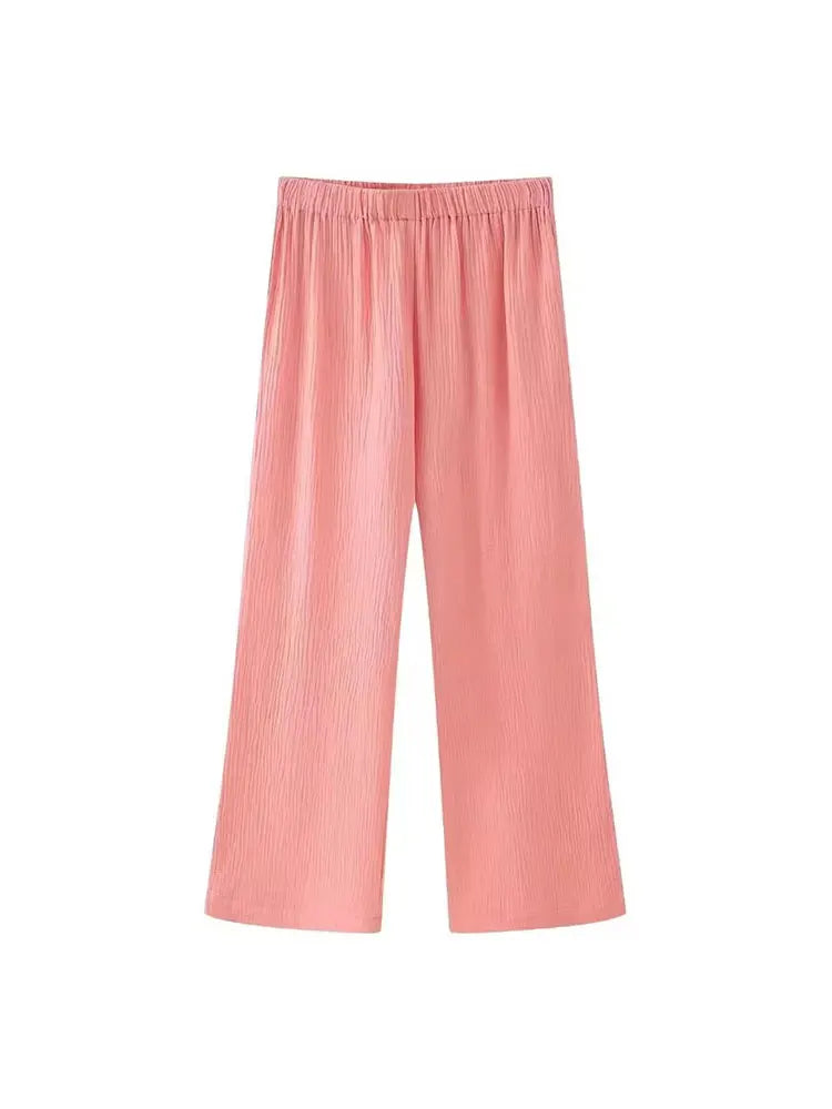 HH Damen Elegantes Einfarbiges 2-Teiliges Outfit O-Ausschnitt Schnürung Langarm-Bluse & Weite Hosen Set Lässiger Frühlingsanzug