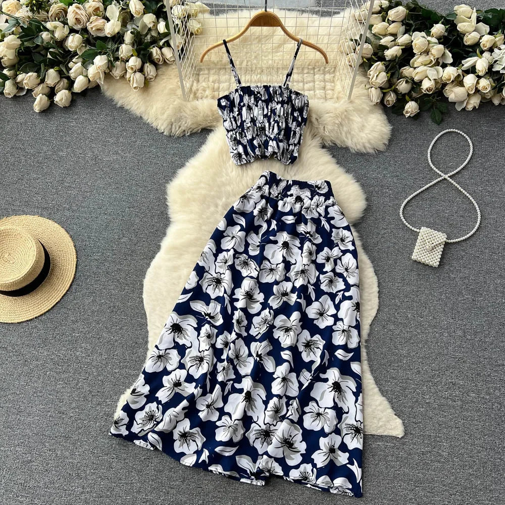 2026 Urlaubs-Blumendruck, zweiteilige Anzüge, Reißverschluss-Design, schmales Tank-Top + A-Linie, langer Rock, Vintage-Böhmische Strand-Sets