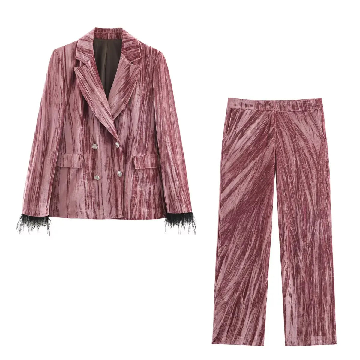 2026 neue Frauen Rosa Blazer Hosen Set Langarm Feder Design Anzug + Pendeln Frau Gerade Hosen Straße Samt material Trendy