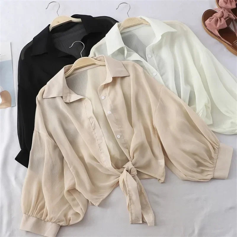 Chiffon-Hemden für Damen, 2022, Sommer, halbe Ärmel, geknöpftes Hemd, lockere lässige Bluse, Krawatte, Taille, elegante Blusen für Damen