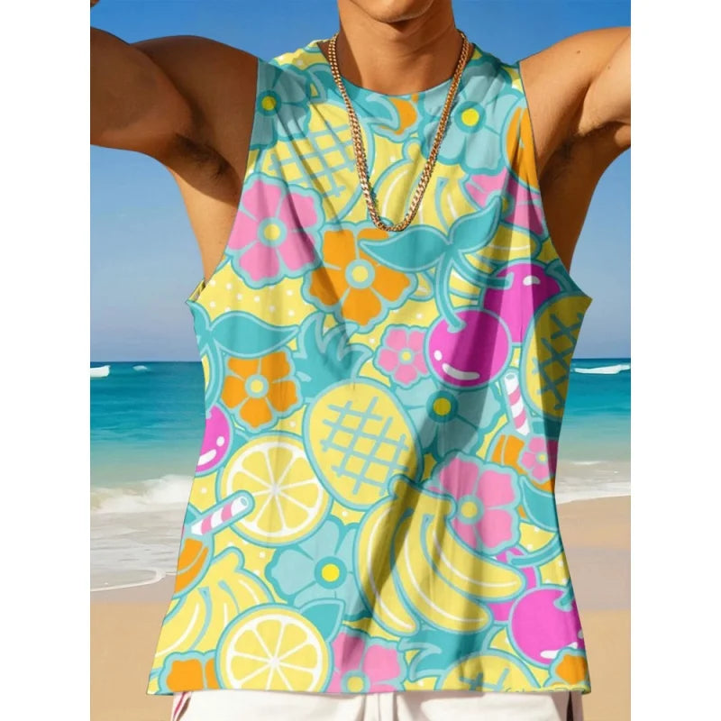 3D Gedruckt Hawaiian Obst Tank Tops Für Männer Kokospalmen Muster Tees Sommer Lose Urlaub Straße Sport Tops Rundhals Weste