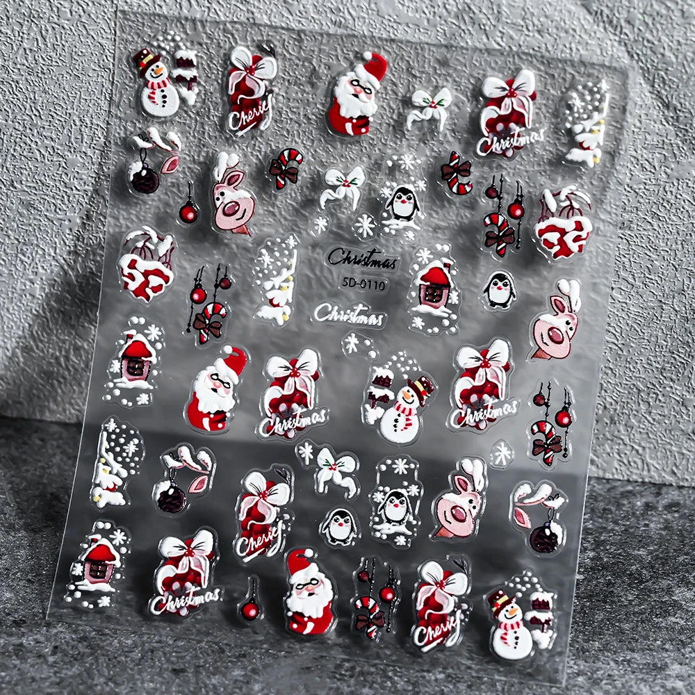 1 stücke 3D Weihnachten Santa Claus Schneeflocke Nagel Aufkleber Winter Weihnachten Nette Cartoon Schneemann Bär Elch Nagel Aufkleber Weihnachten Nagel decora