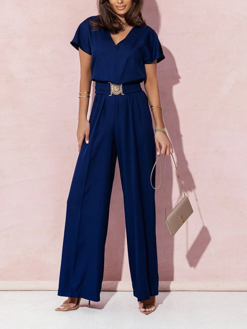 Damen S-2XL Größe Frühling Sommer Damenmode V-Ausschnitt Kurzarm Overall Damen Casual Gürtel Einfarbig Overall