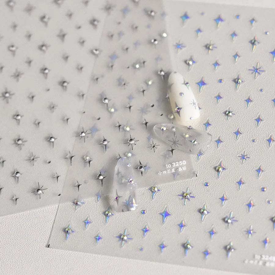 1 Stück 5D Laser Silber eingelegter Diamant Stern Nail Art Aufkleber Vierzackige Sterne Klebstoff Relief Slider Y2K Sternenlicht Maniküre Aufkleber