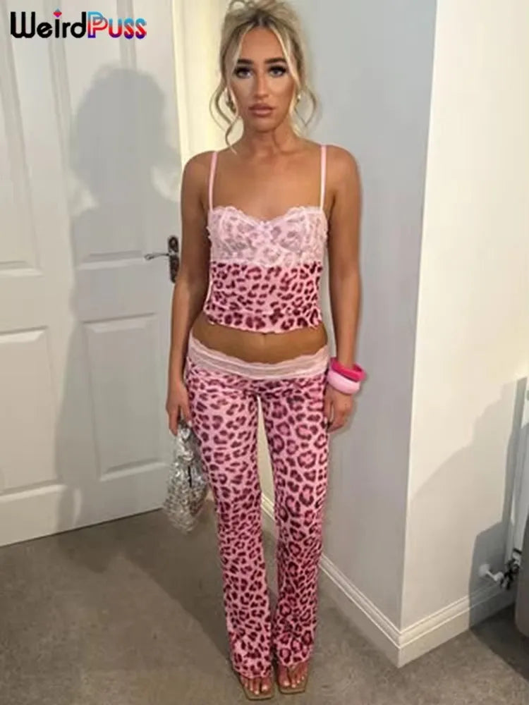 Seltsame Puss Mesh Patchwork 2-teiliges Set Frauen Sexy Dekolleté Ärmel Crop Tops + Leopardenmuster Dünne Hosen Straße wilde Trend Anzug