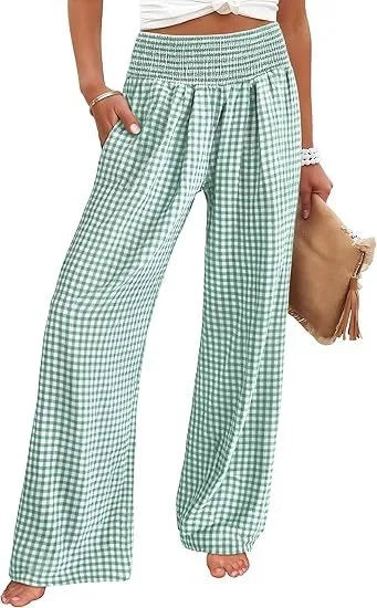 2025, Frühling und Herbst, neue Freizeithose, kariert, locker, grenzüberschreitend, Damenmode, lässig, elastische Taille, weites Bein