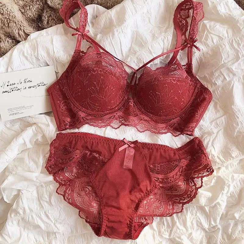 MOYISU Sexy Spitzen-Bralette-Set, kleine Brüste, französisches Design, abnehmbare Träger mit dünnen Push-Up-Pads, weiche Bügel-BH-Abdeckung, Oberteil AB