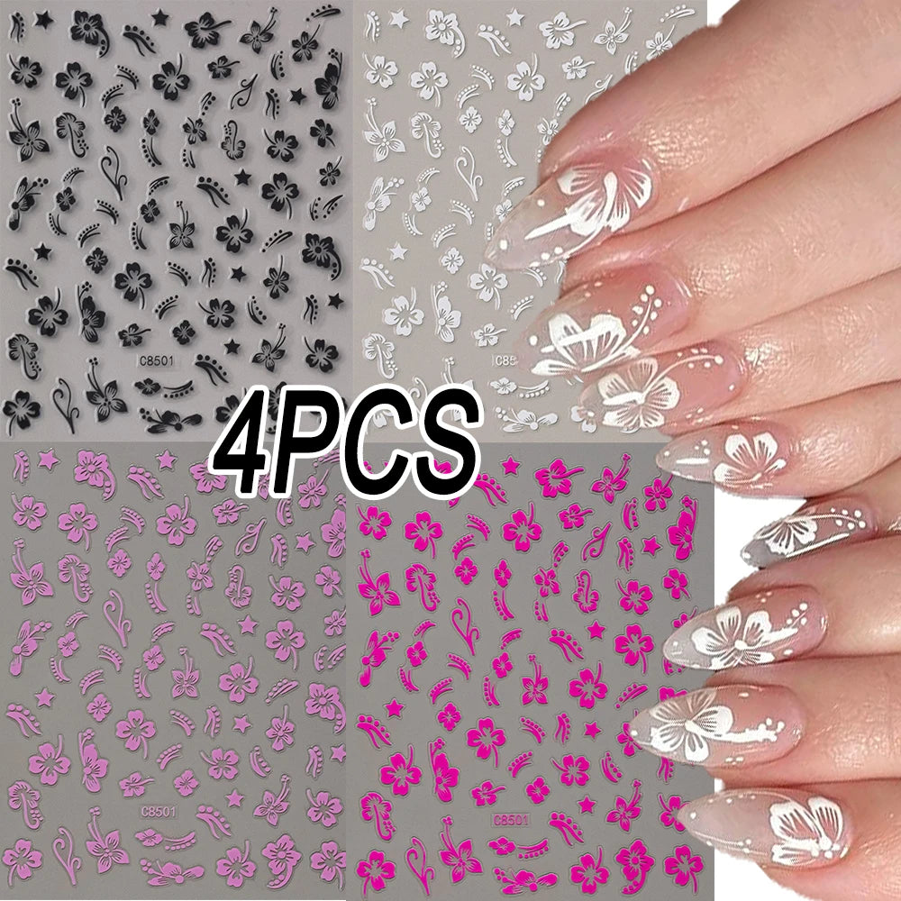 1/4/8 Stück 3D Hibiskus-Blumen Nagelaufkleber in Gemischten Farben Weiß Schwarz Rot Rosa Gold Silber Blühende Blütenblätter Selbstklebende Abziehbilder für Nägel