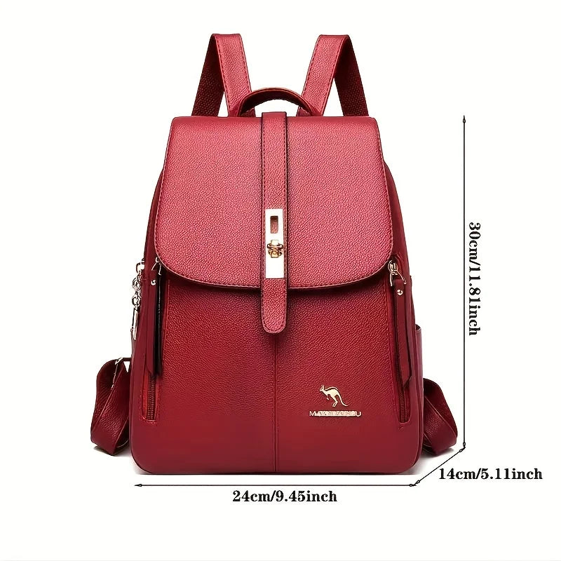 Eleganter weinroter Lederrucksack für Damen, diebstahlsicherer Tagesrucksack mit mehreren Taschen und Logo, stilvolle Reise- und Alltags-Umhängetasche
