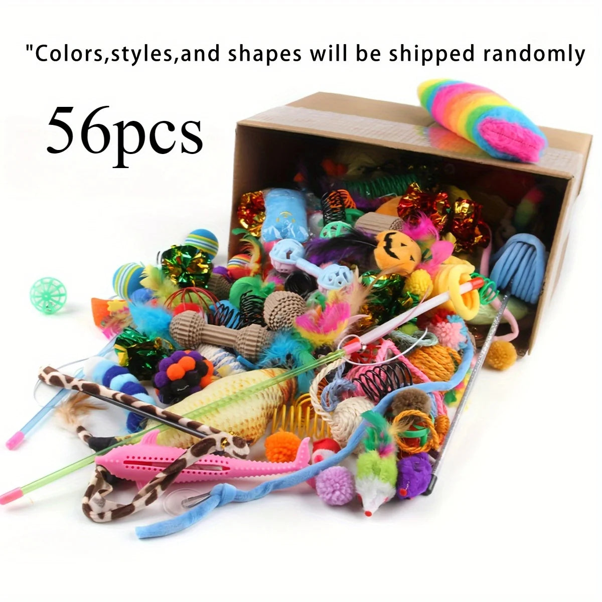 56 Stück/28 Stück/14 Stück Katzenspielzeug, gemischte Packung. Eine Kombination aus verschiedenen Plastikspielzeugen und Plüschtieren, die für mehrere Katzen zum Spielen geeignet sind