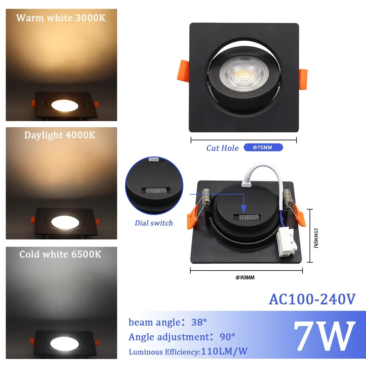 1-10 Stück 7W 3 CCT LED Farbwechsel 3000K 4000K 6000K LED-Deckenstrahler Einbauleuchte AC 110V 220V Einstellbar 90° °   Beleuchtungsspot