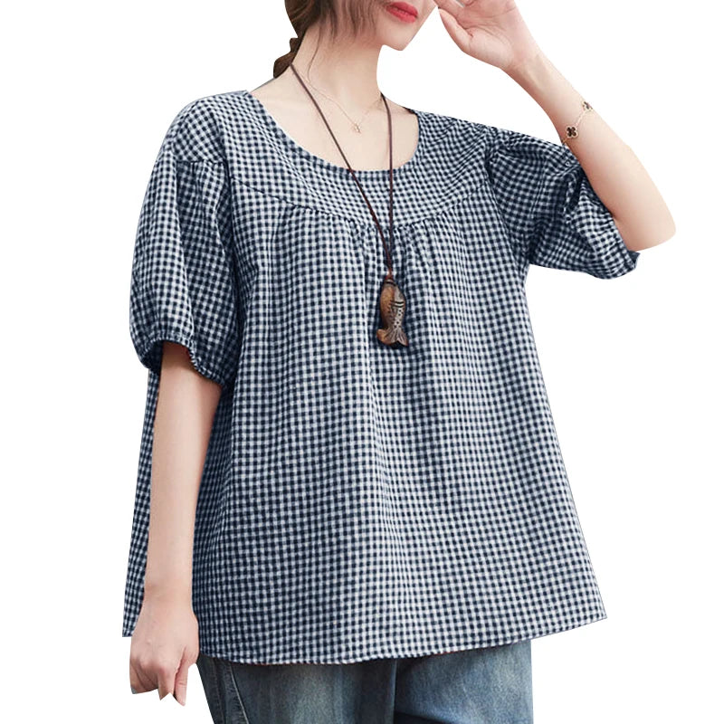 ZANZEA Sommer Vintage Frauen Casual Lose Hemd Baggy Plaid Kariert Tops Tunika Mode O Hals Kurzarm Bluse Blusas Chemise