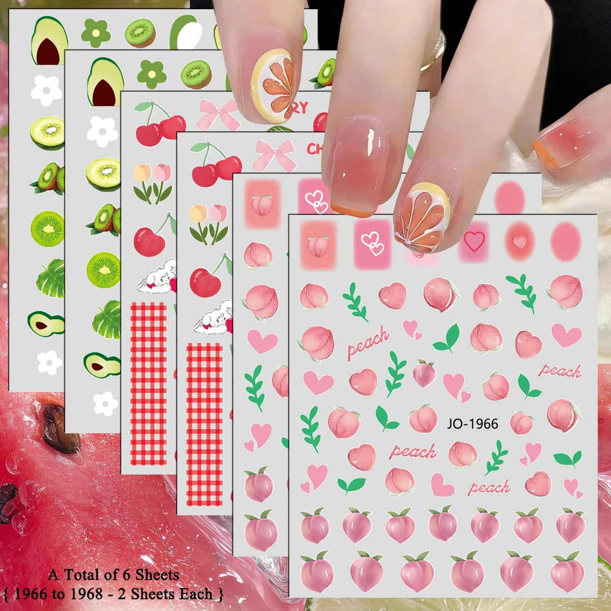 3 bis 12 Blatt 3D-Frucht-Nagelaufkleber Zitrusfrüchte Erdbeere Wassermelone Kirsche Avocado Abziehbilder Selbstklebende Sommer-French-Nagelkunst