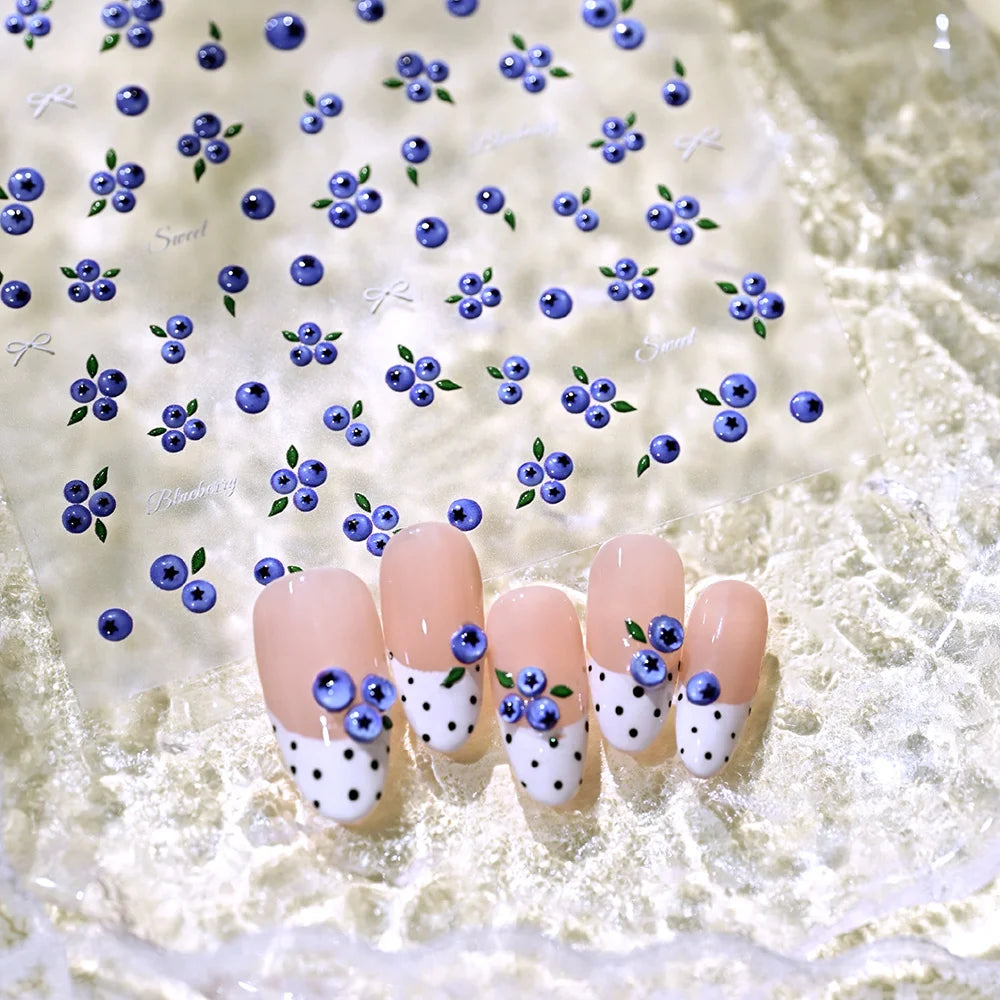 1 Stück Niedliche Blaubeer-Muster Nagelaufkleber Süße Blaue Früchte & Weiße Schleife Selbstklebende Nagelsticker Sommer DIY Maniküre Zubehör