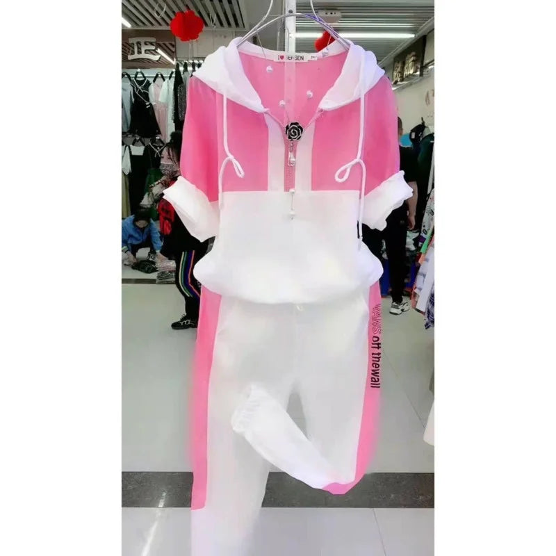 Damen 4xl Plus Size Kleidung Frühling und Herbst neue lässige Mode Anzug Kurzarm Kapuzen oberteile Hosen zweiteilige Sets für Frauen