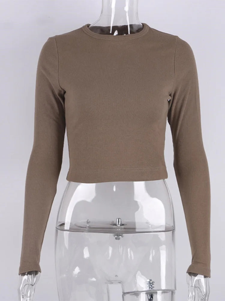 O-Ausschnitt Langarm-Shirt für Damen, gerippt, sexy, abgeschnittene Tops, 2022, Frühling, Schwarz, lässig, dünn, Basic, Damen-T-Shirts, Weiß