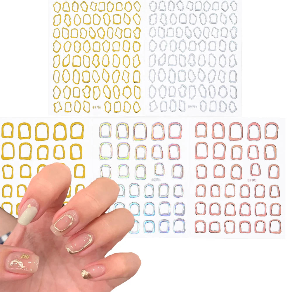 1Pc 3D Gold Hohl Unregelmäßige Geometrische Nagel Aufkleber Holo Metall Rahmen Gold/Silber Aufkleber Platz Selbst Klebe sliders Nagel Deco