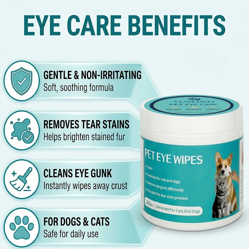 100 Stück Feuchttücher für die Augenpflege von Haustieren, Reinigungspads für Hunde und Katzen, sanfte Reinigung von Tränen, Gerüchen und Schmutz auf den Augen und der Hautoberfläche.
